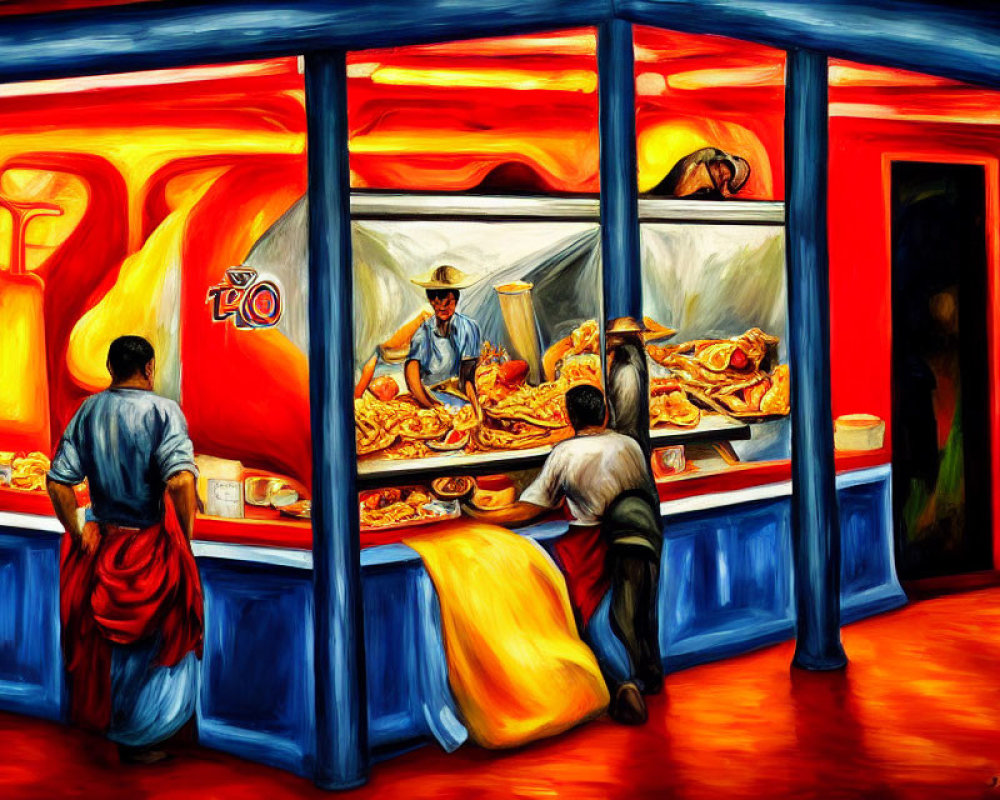 Colorful painting of busy market stall with vendors and customers in warm red and blue tones