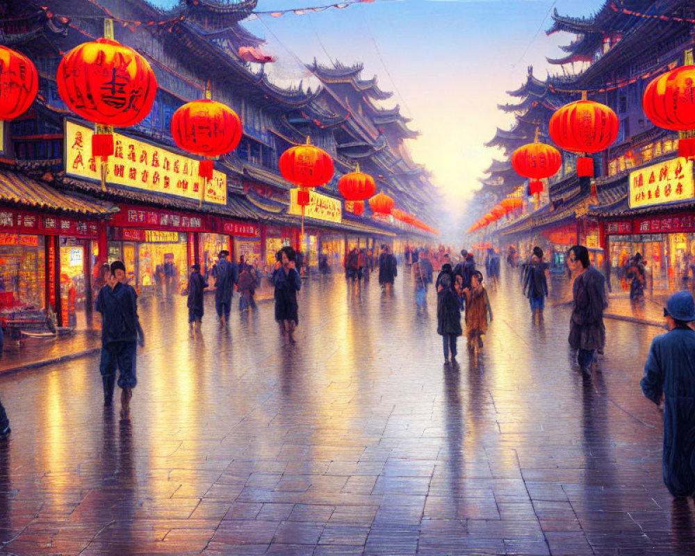 Pedestrians on Asian town street at dusk with red lanterns and traditional architecture.