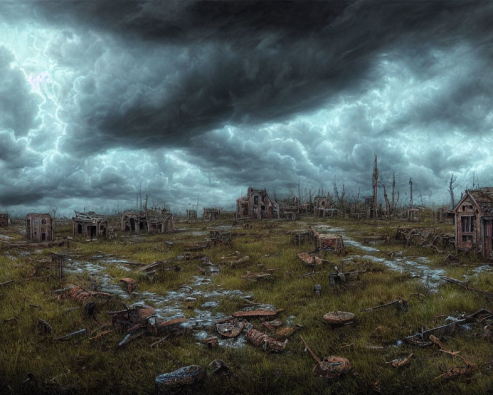 Desolate post-apocalyptic landscape with decaying buildings and stormy sky