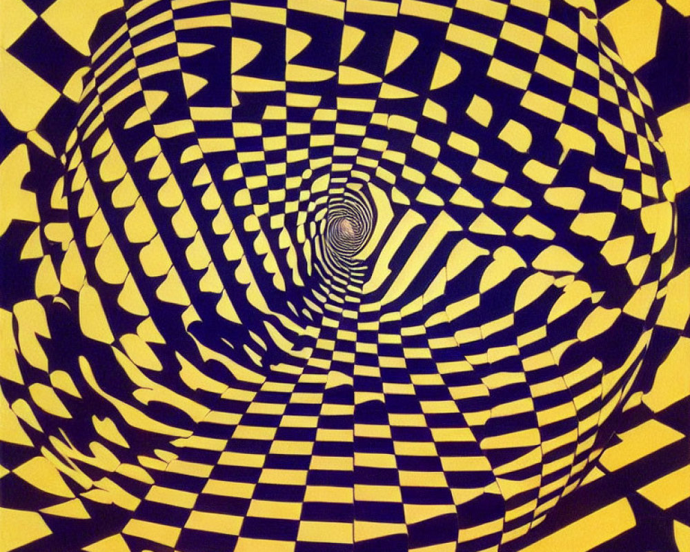 Abstract optical illusion with swirling vortex pattern in black and yellow