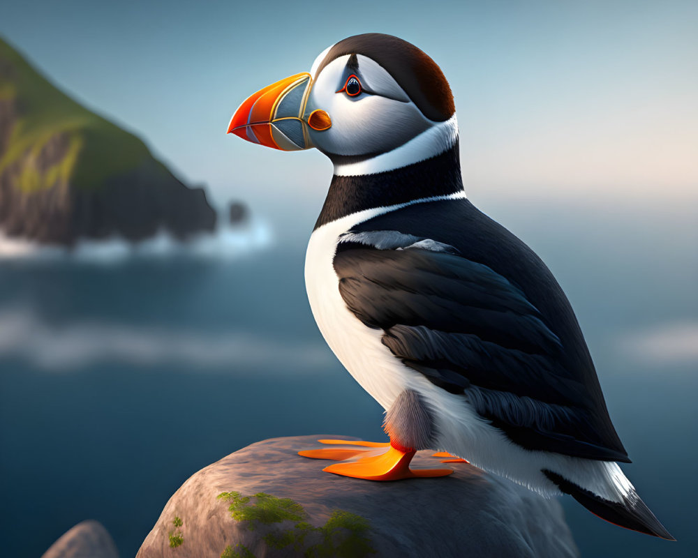 Puffin on rocky cliff with sea and islands in soft-lit sky