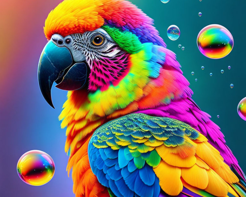 Colorful Parrot with Detailed Plumage on Vibrant Background with Iridescent Bubbles