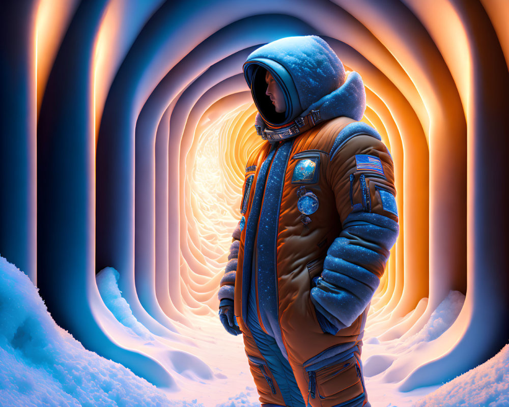 Astronaut in front of orange and blue abstract portal