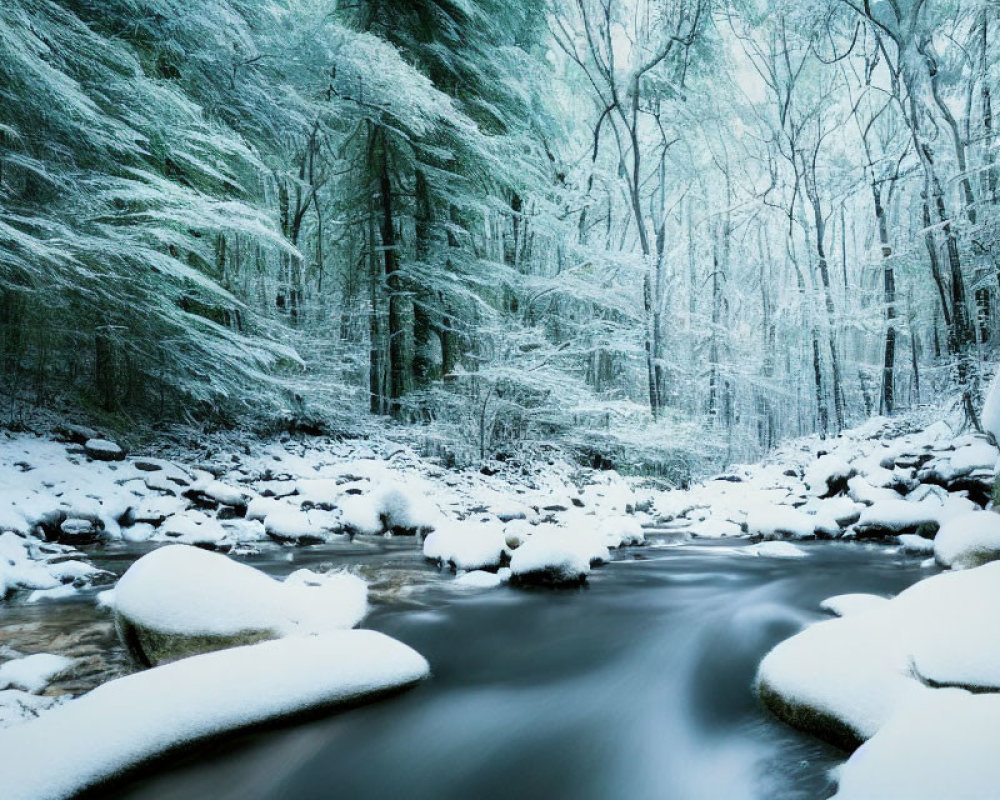 Snow-covered river and frosty forest in serene winter landscape