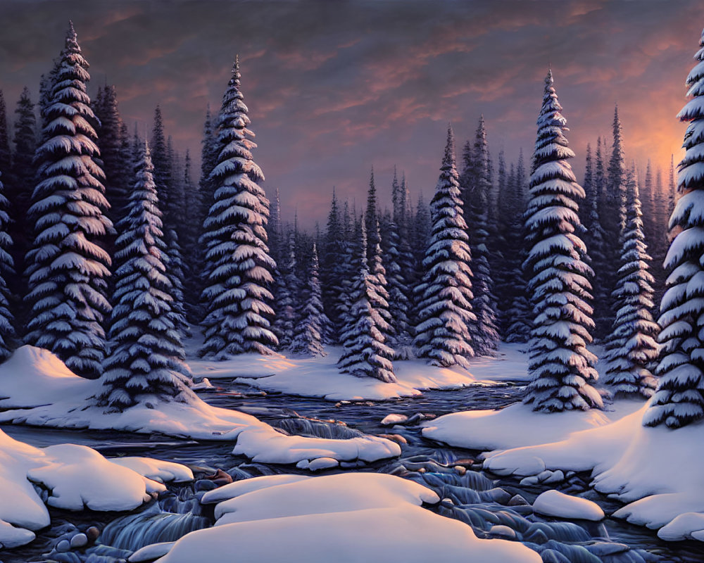 Snow-covered pine trees and icy stream in serene winter dusk scene