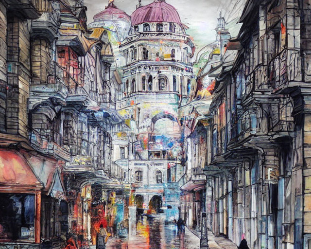 Colorful painting of rainy city street with cathedral and figures holding umbrellas