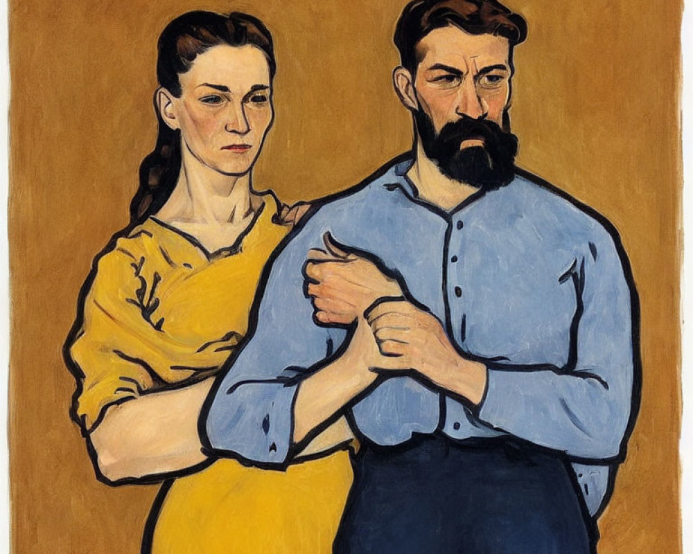 Portrait of stern man and woman in blue and yellow attire