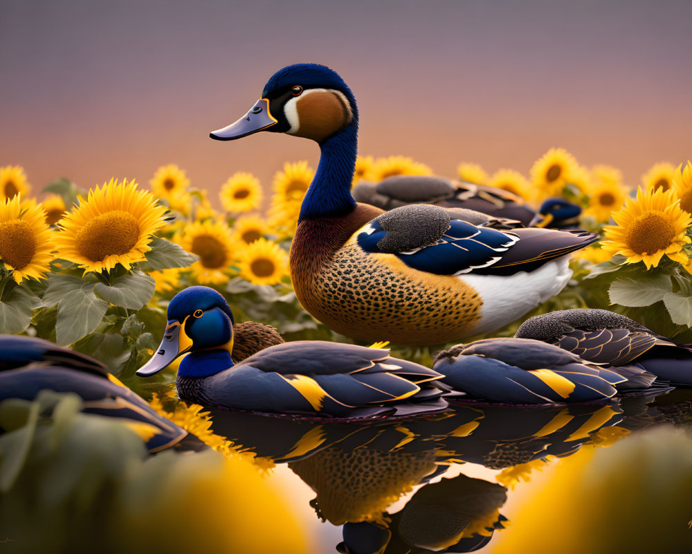 Tranquil pond scene with ducks and sunflowers at sunset