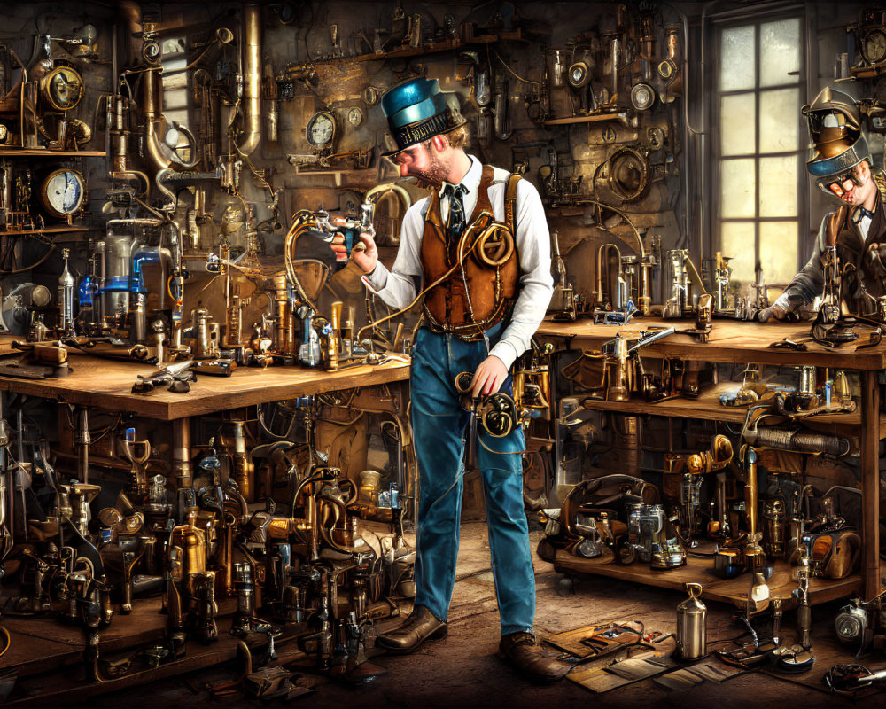 Steampunk-themed workshop with two people examining mechanical devices