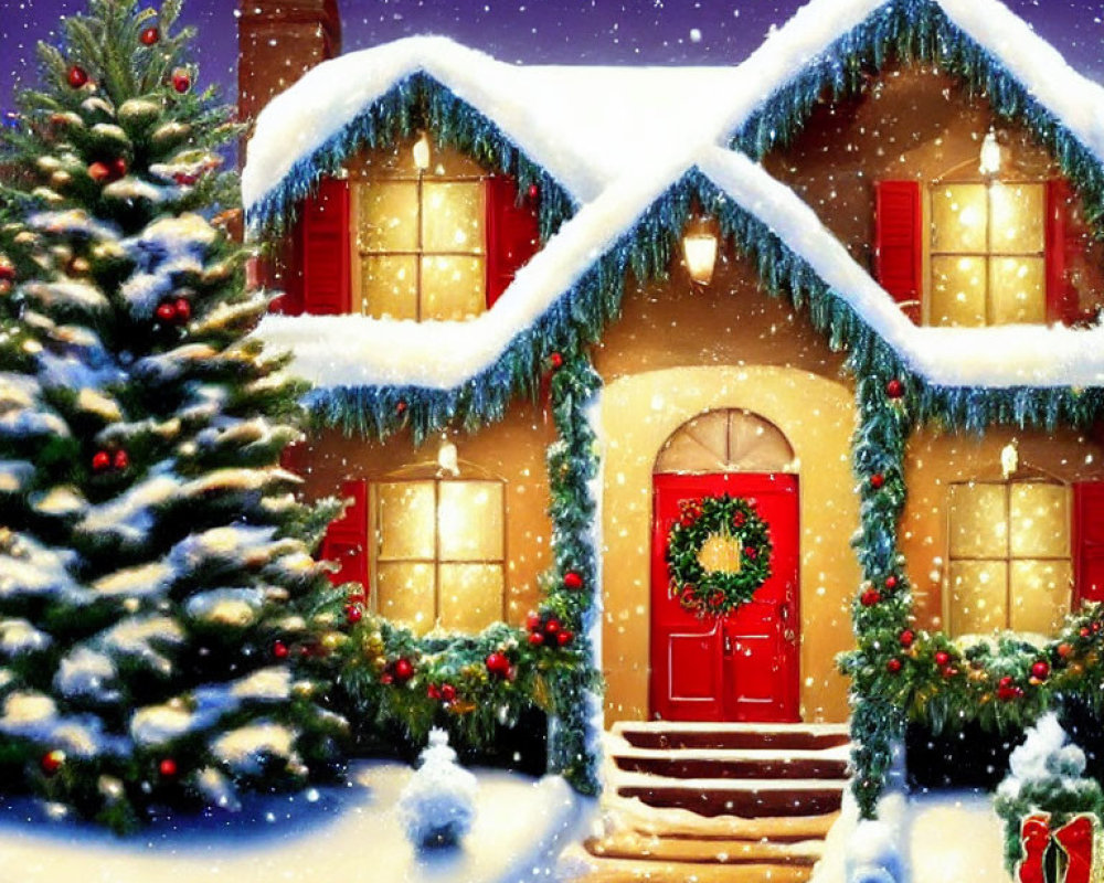 Snow-covered house with Christmas decorations and warm glow