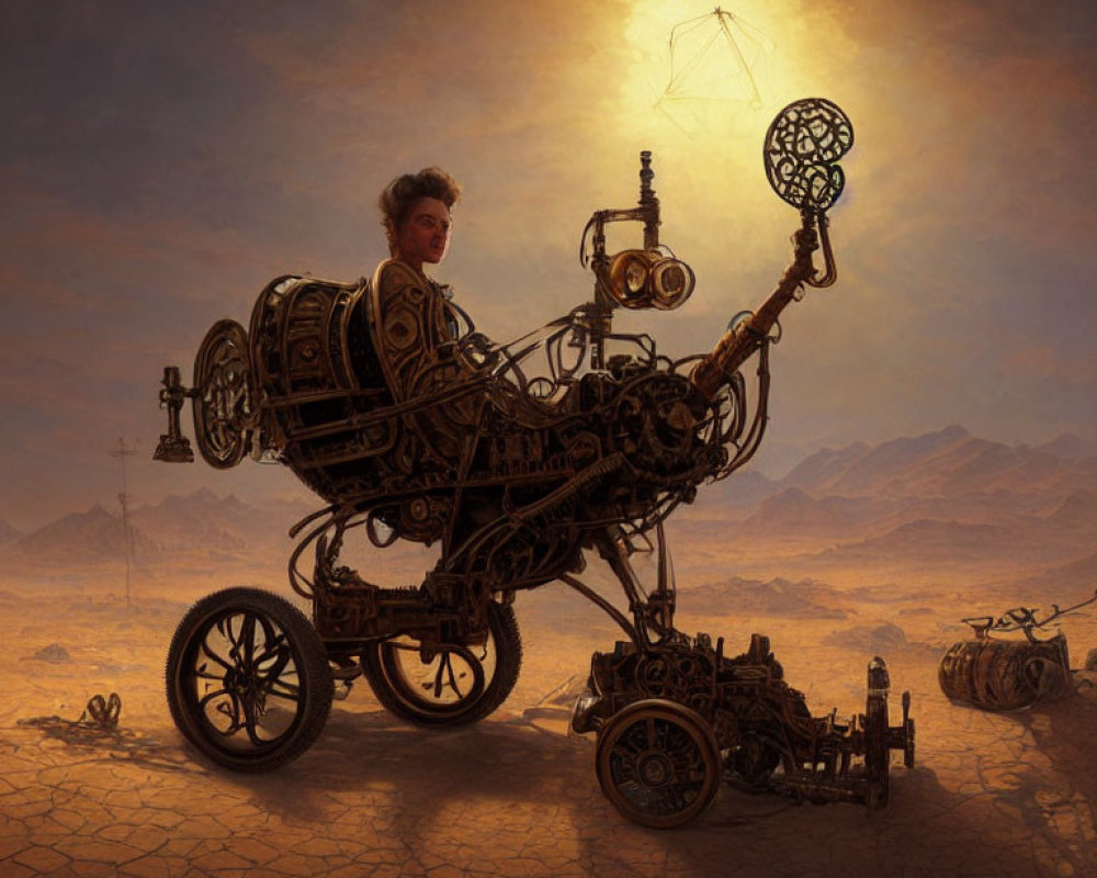 Steampunk vehicle with driver in goggles crossing desert under hazy sun