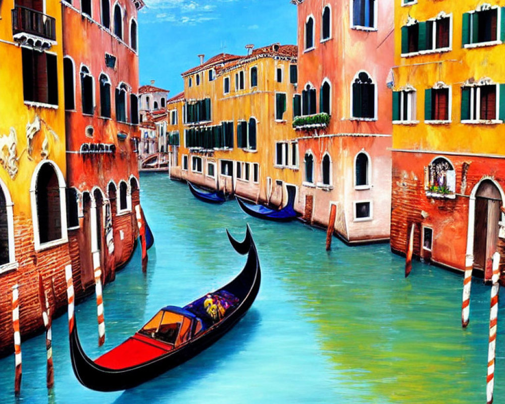 Colorful Venice Canal Painting with Gondola and Buildings