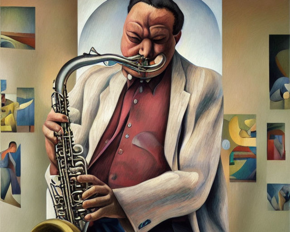 Colorful painting of a saxophonist with exaggerated features and geometric backdrop