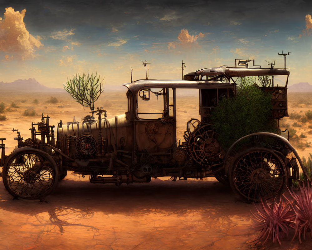 Steampunk-style abandoned vehicle in desert landscape with gears and pipes.