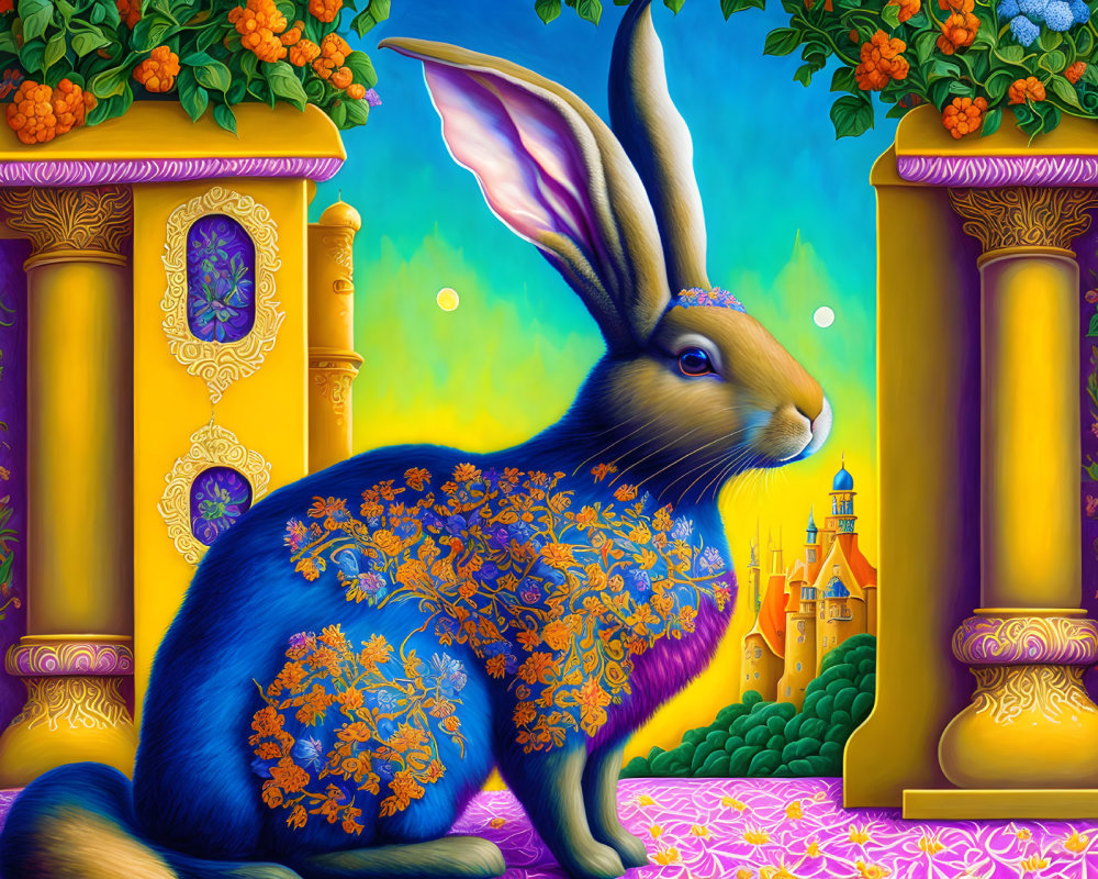 Colorful illustration of blue hare with orange floral patterns on fantasy backdrop