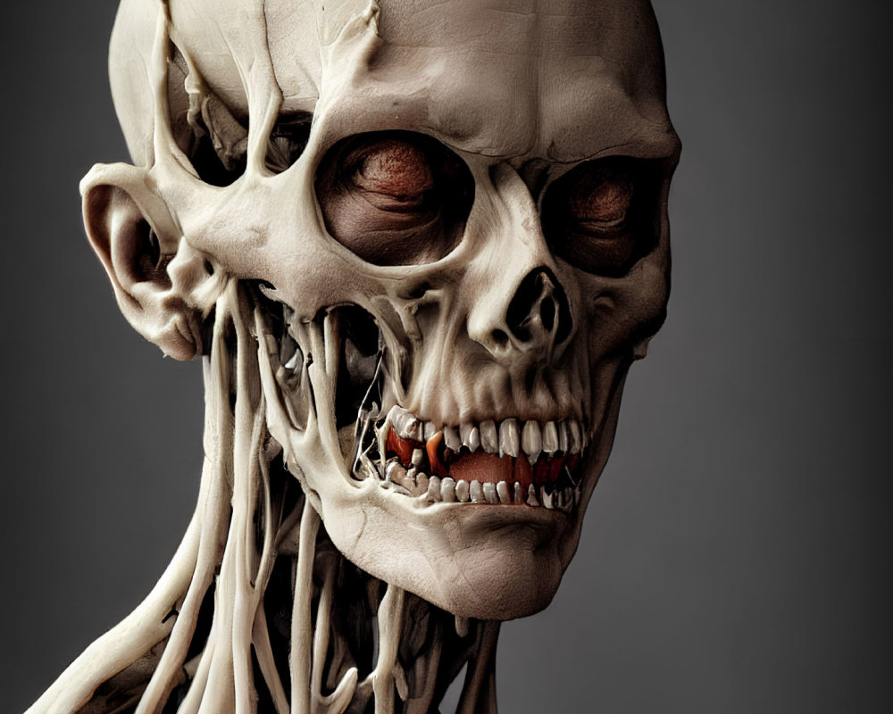 Detailed 3D Rendering of Skeletal Figure with Exposed Muscles and Bloodshot Eyes