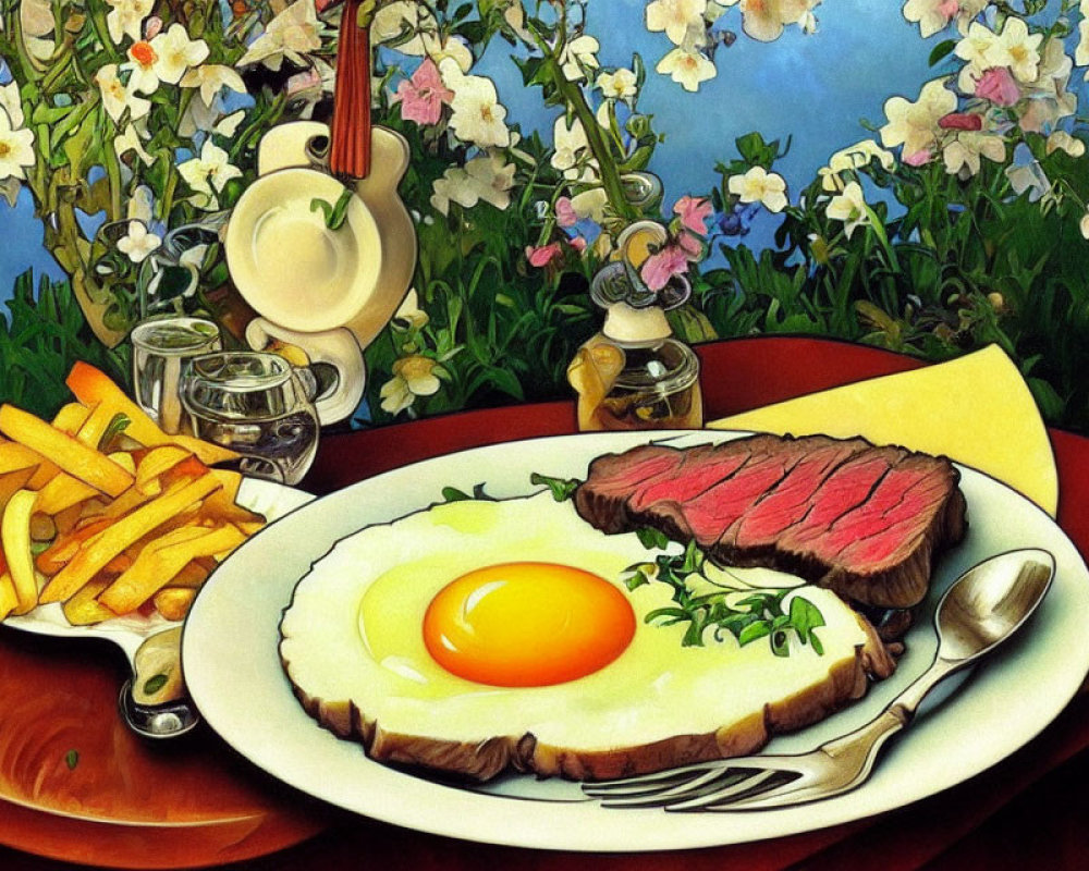 Illustration of steak, egg, fries, salad, cup, cutlery, and honey on