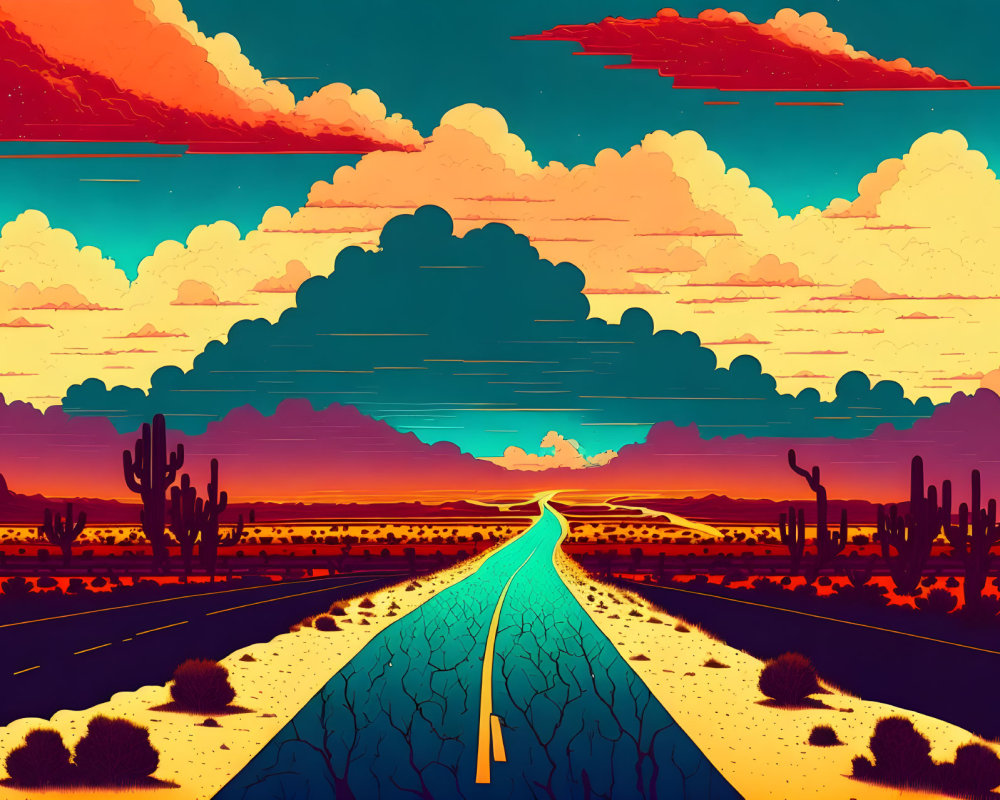 Vibrant desert sunset road with cacti and exaggerated perspective