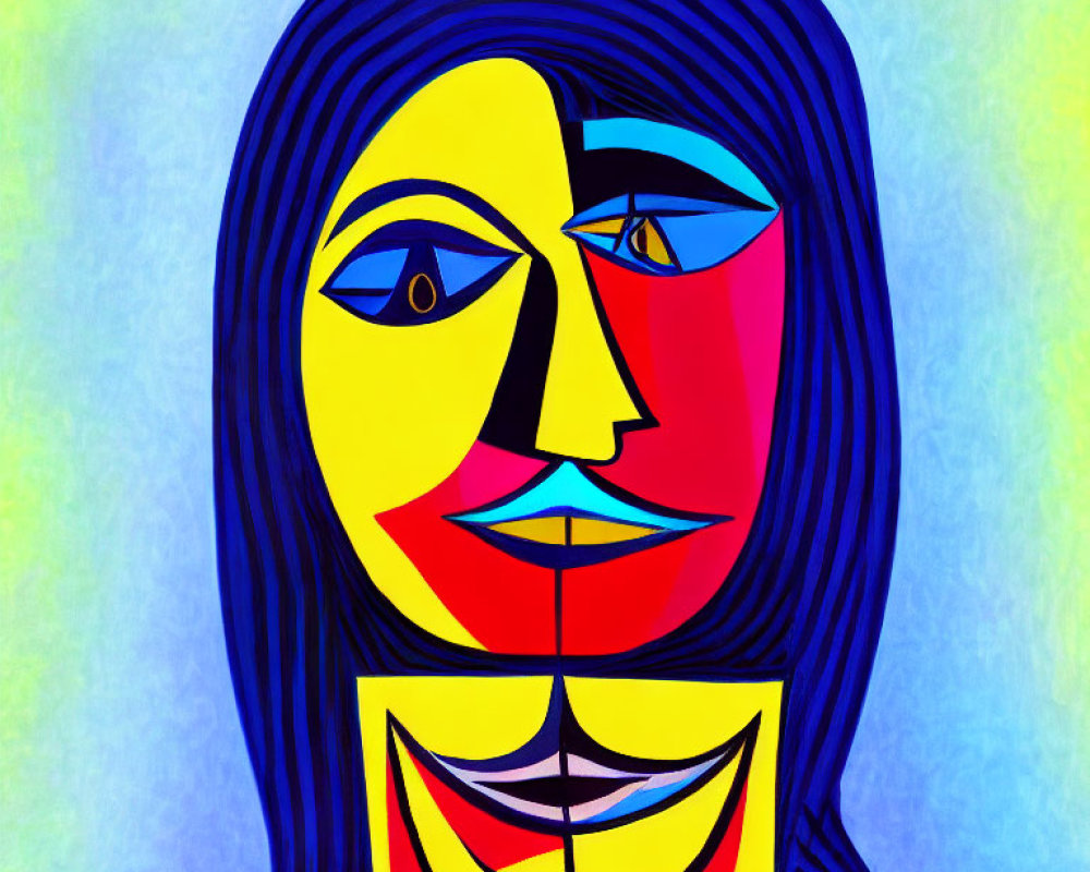 Abstract portrait with bold lines and contrasting hues of a stylized female face