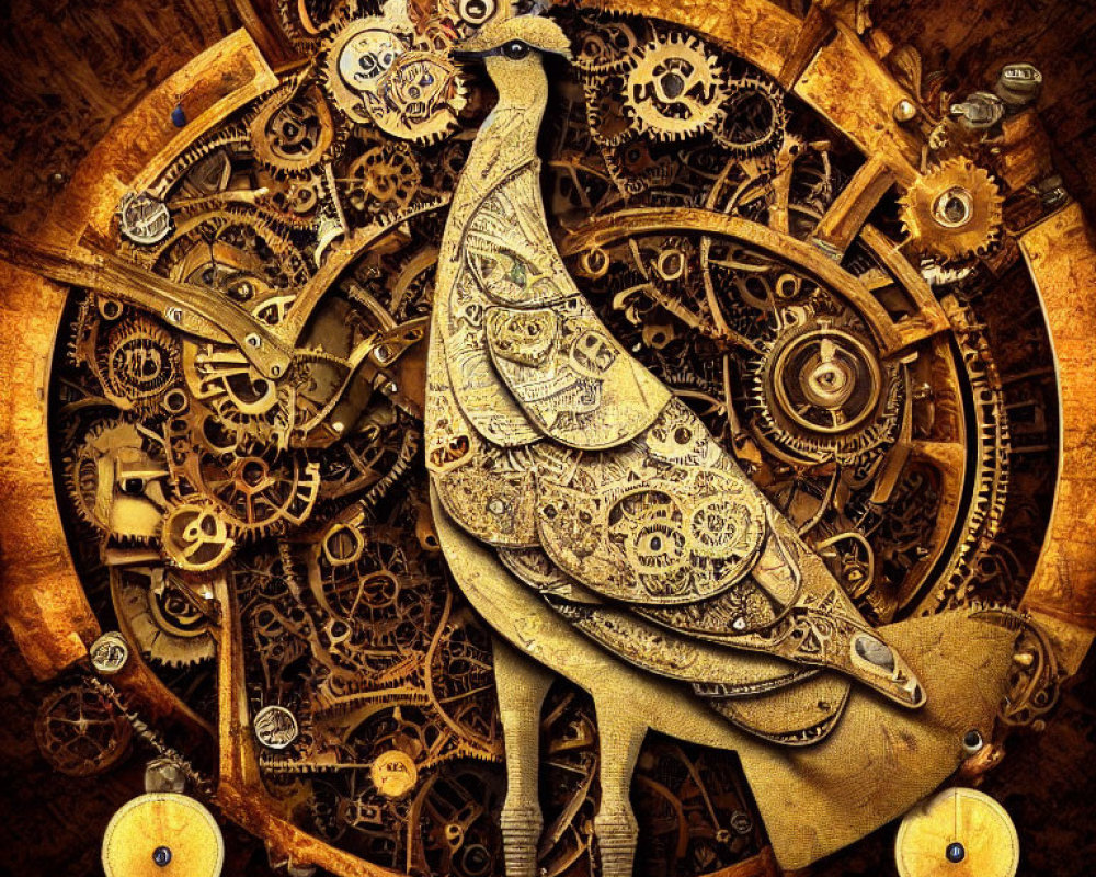 Steampunk-style peacock with metallic gears and cogs on clockwork backdrop