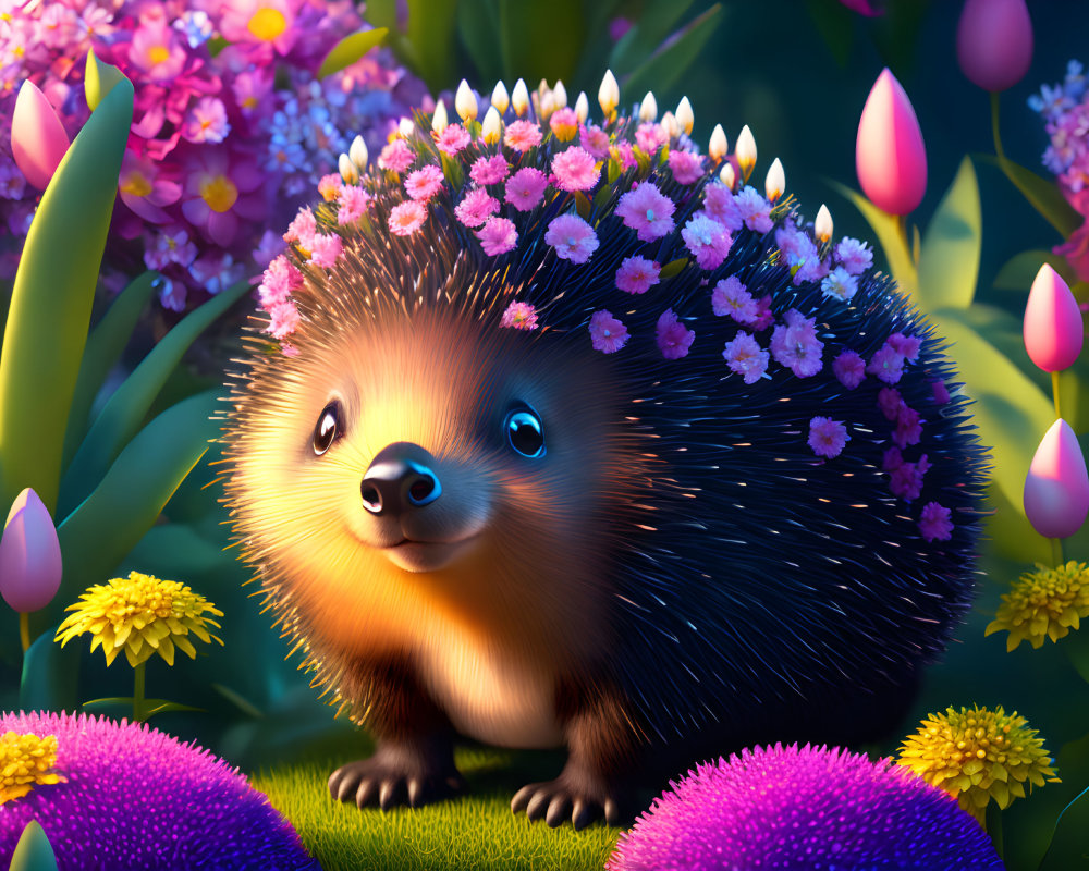 Smiling hedgehog with flowers, vibrant plants, soft lighting