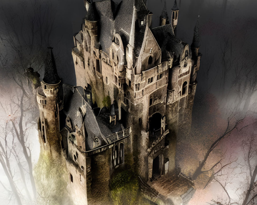 Gothic castle in misty atmosphere with bare trees and highlighted spires