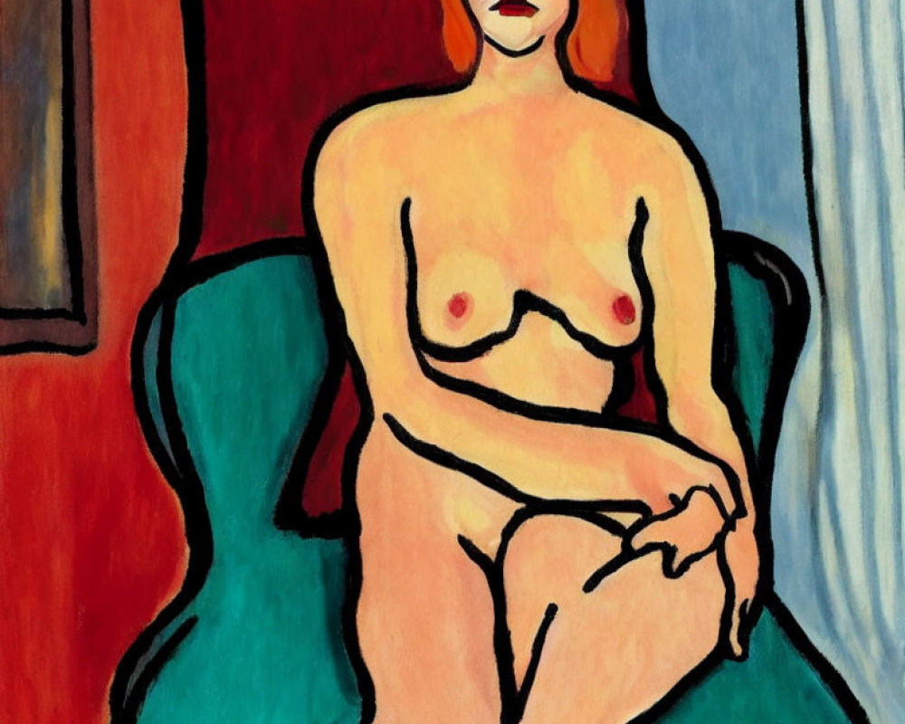 Colorful Seated Nude Woman Painting in Expressionist Style