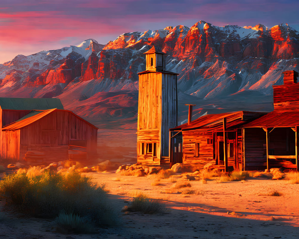 Deserted Old Western Town at Sunset with Wooden Buildings and Red Mountains