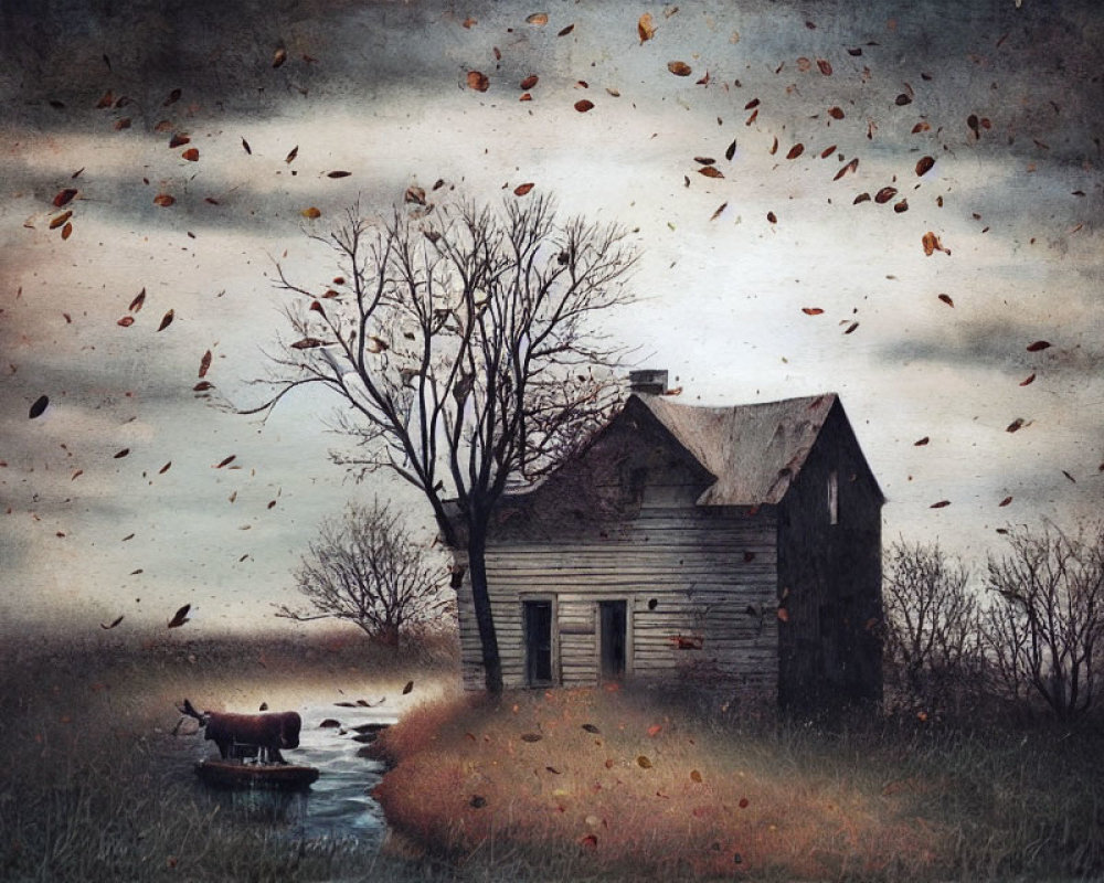 Abandoned house in desolate landscape with leafless trees