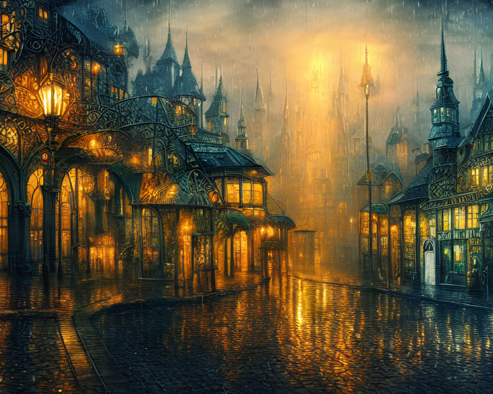 Gothic buildings on cobblestoned street at night with golden streetlights under rainy sky