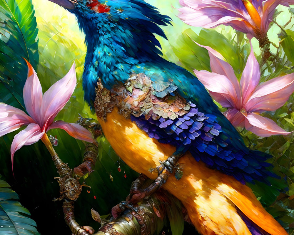 Mythical bird with blue and orange plumage perched on branch amidst colorful flowers