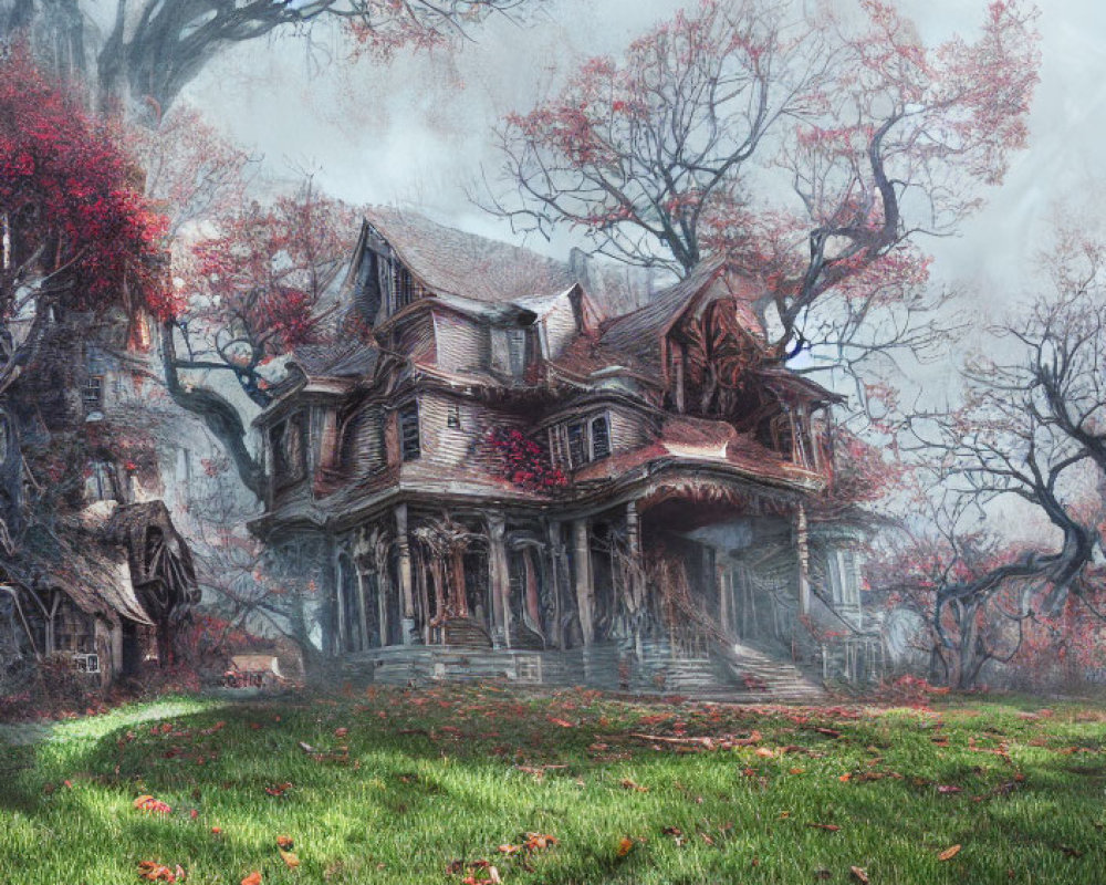 Eerie Victorian mansion in misty, overgrown landscape