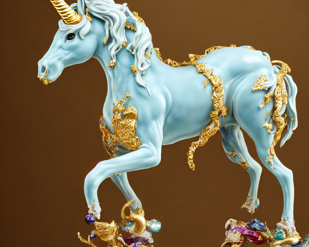 Majestic light blue unicorn with gold adornments on brown background