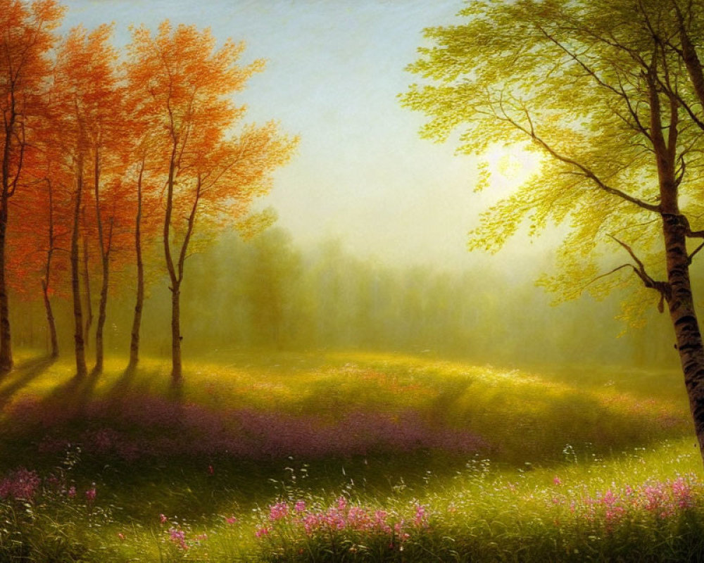 Tranquil forest scene with autumn trees and purple wildflowers