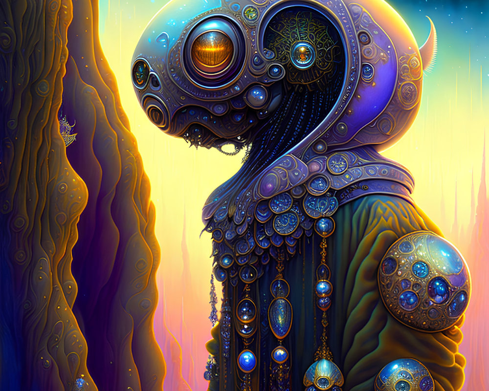 Intricate Alien Figure with Ornate Headpiece in Fantastical Setting