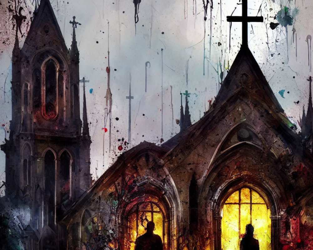 Abstract watercolor painting of gothic church with warm glow and dynamic splatters.