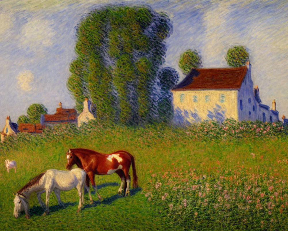 Vibrant field with grazing horses, meadow, tree, cottage, blue sky
