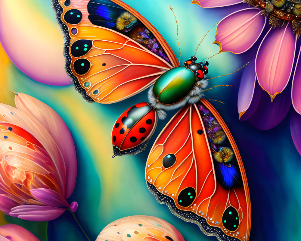 Colorful Butterfly and Ladybug on Flowers in Intricate Digital Illustration