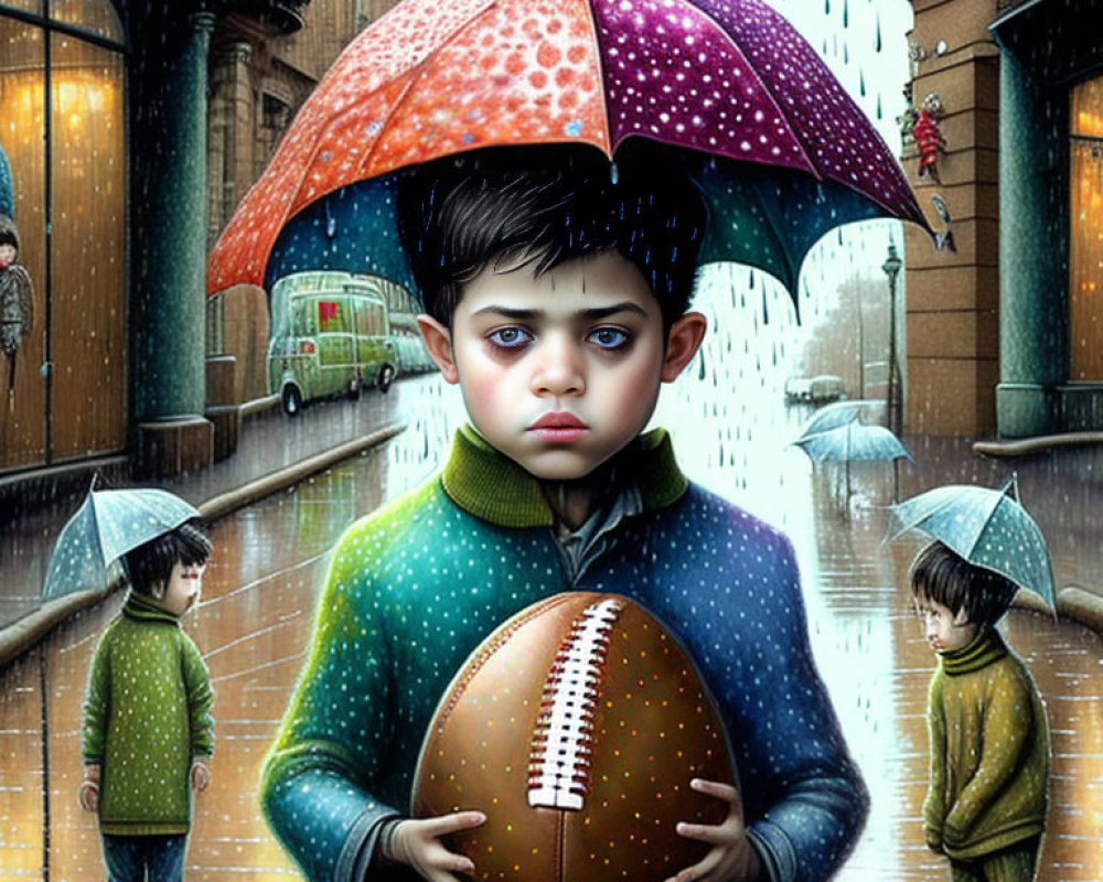 Digital artwork of child with oversized head holding football in rain with people and umbrellas in background