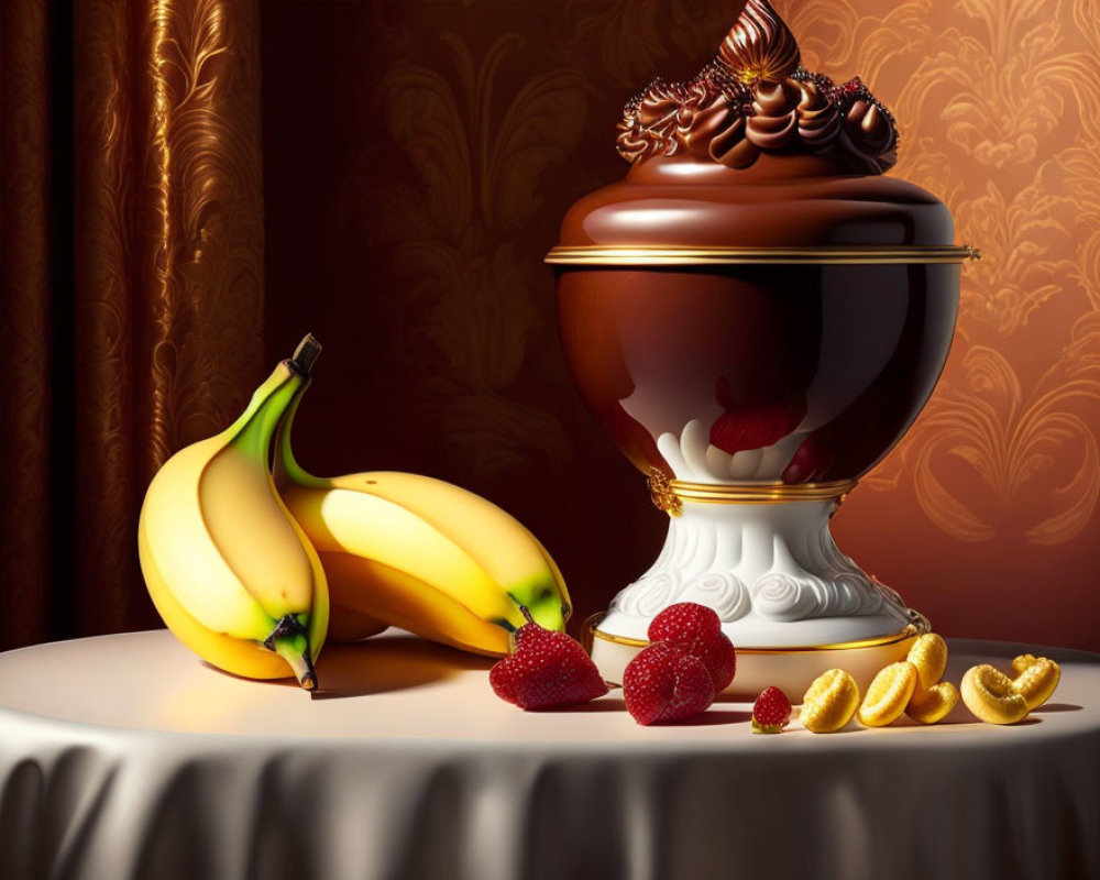 Luxurious still life with bananas, strawberries, nuts, and chocolate dessert on table.