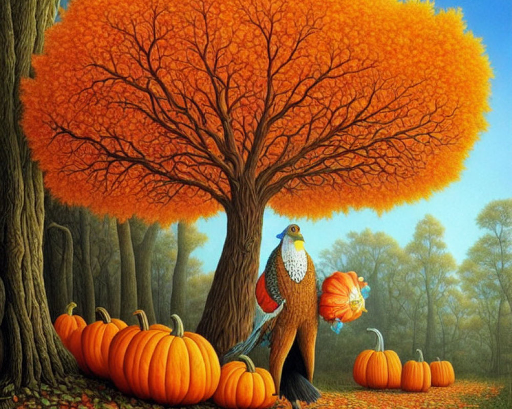 Colorful autumn scene with large tree, peacock, and pumpkins.