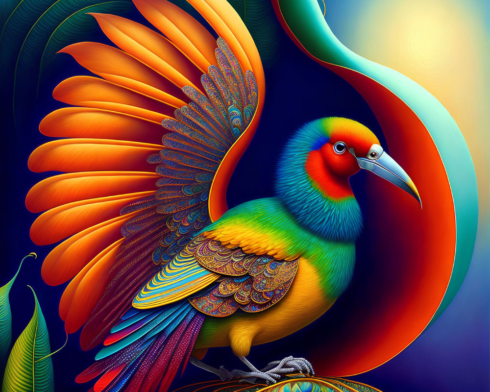 Colorful Stylized Bird with Expansive Tail on Ornate Design against Twilight Sky