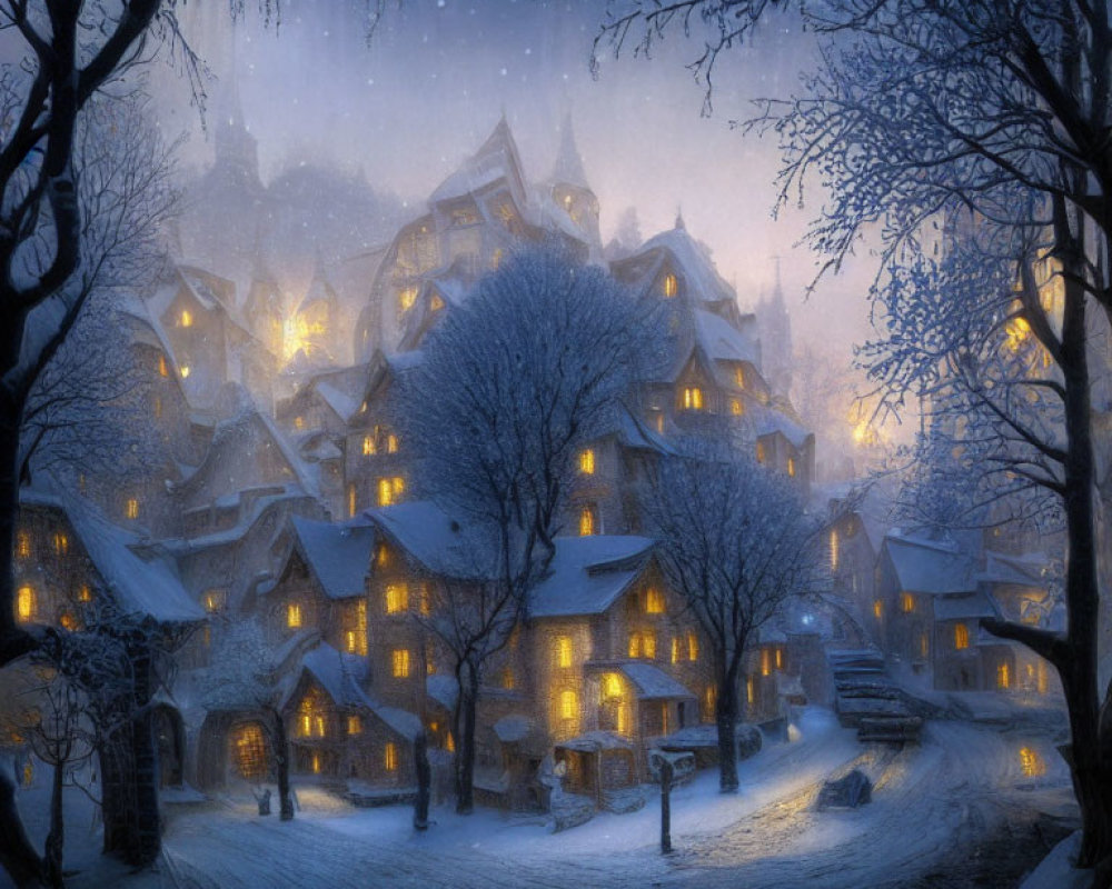 Snow-covered winter village night scene with warmly lit windows and falling snowflakes