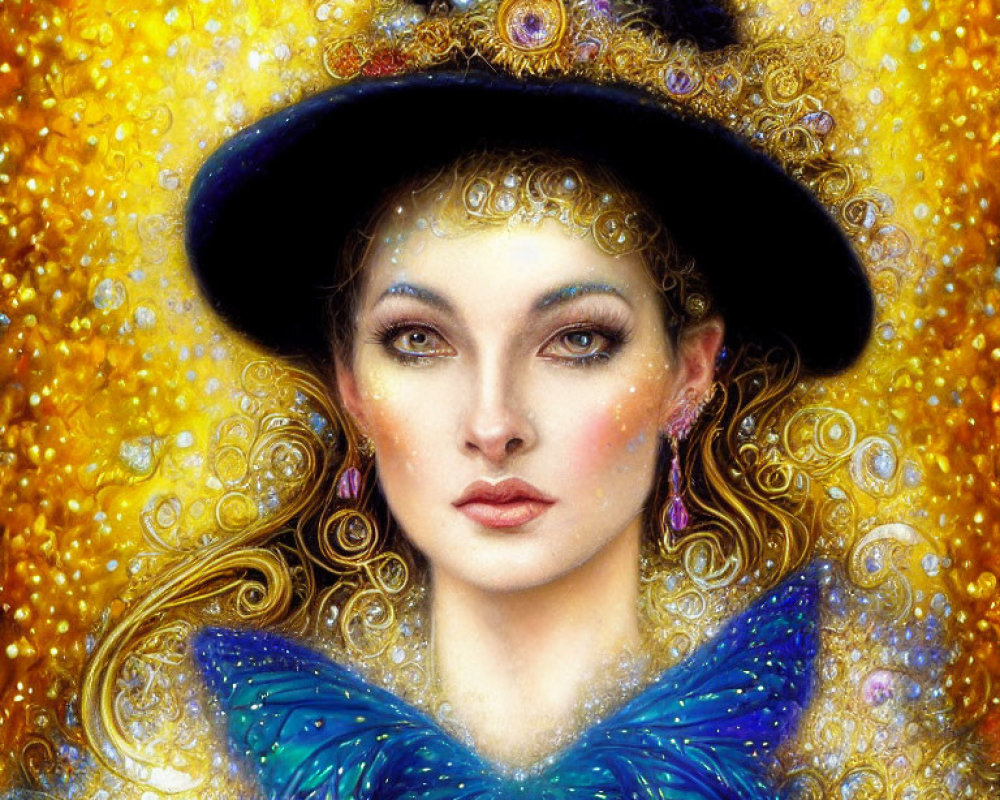 Woman portrait with golden starry background and jewel-adorned hat.