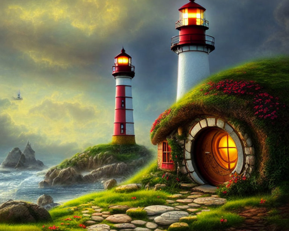 Lighthouse and cozy hillside house illustration in coastal landscape