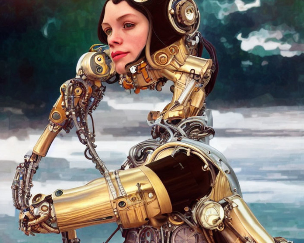 Cyborg portrait with human-like face and mechanical limbs on blurry landscape background