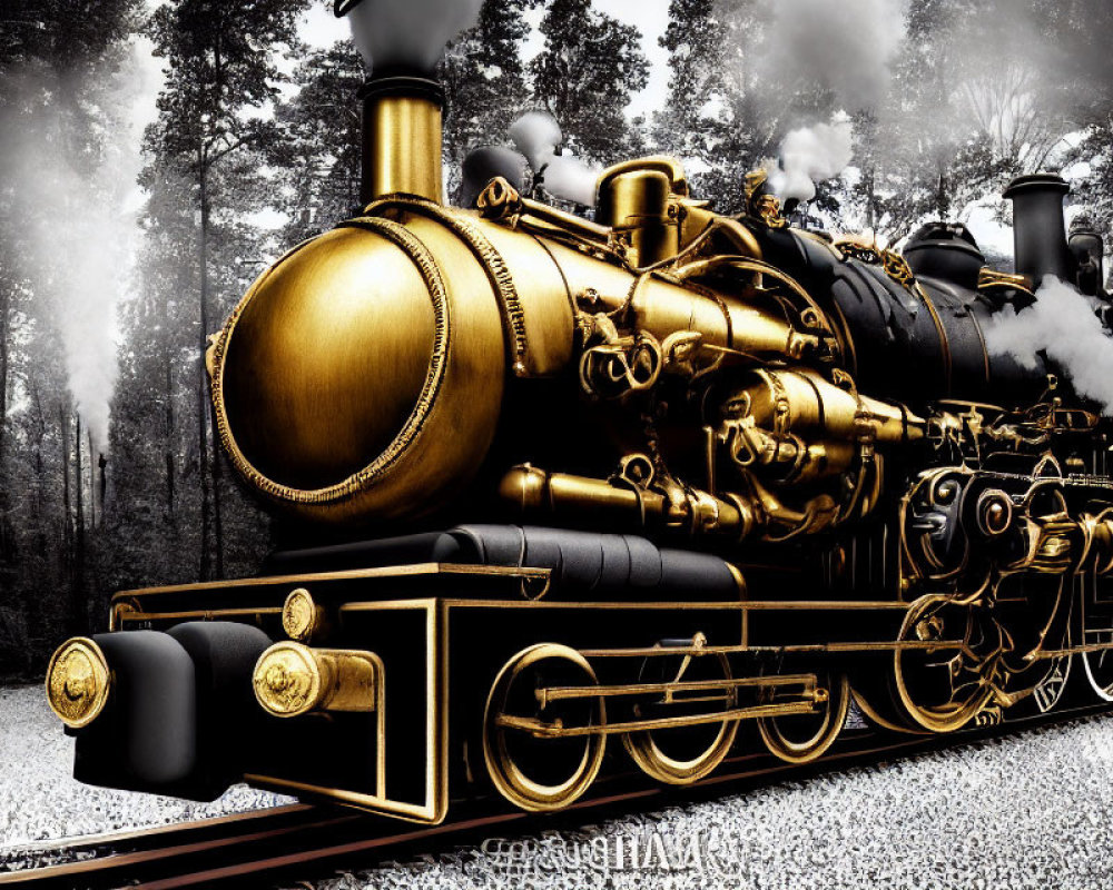 Vintage Golden-Black Steam Locomotive in Forest Setting