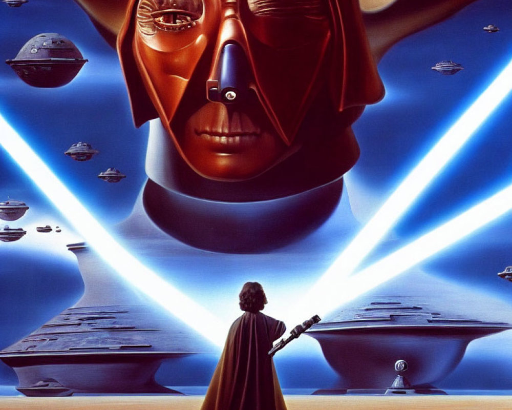 Sci-fi scene: Person in cape faces giant helmeted face, spaceships, droid, under