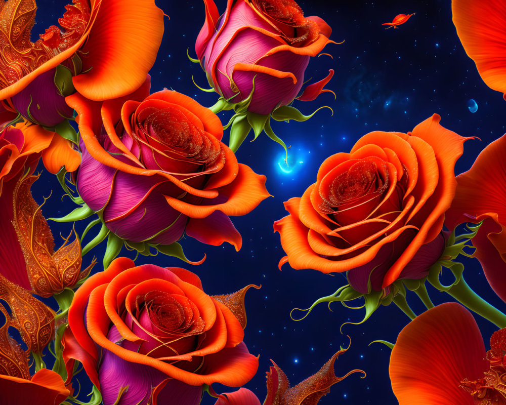 Colorful orange and red roses on dark starry backdrop - surreal cosmic floral art