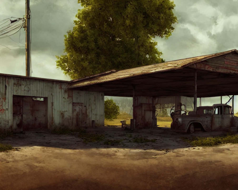 Desolate rural gas station with rusty truck and overgrown grass